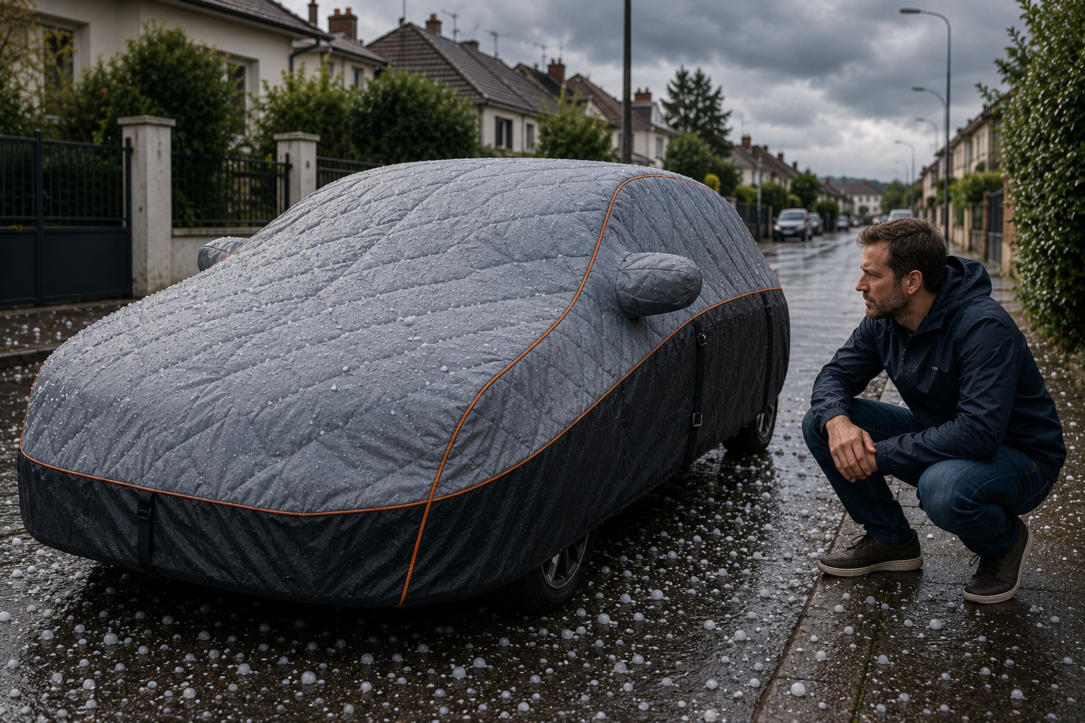 Voiture protégée de la grêle par une bâche, stationnement extérieur