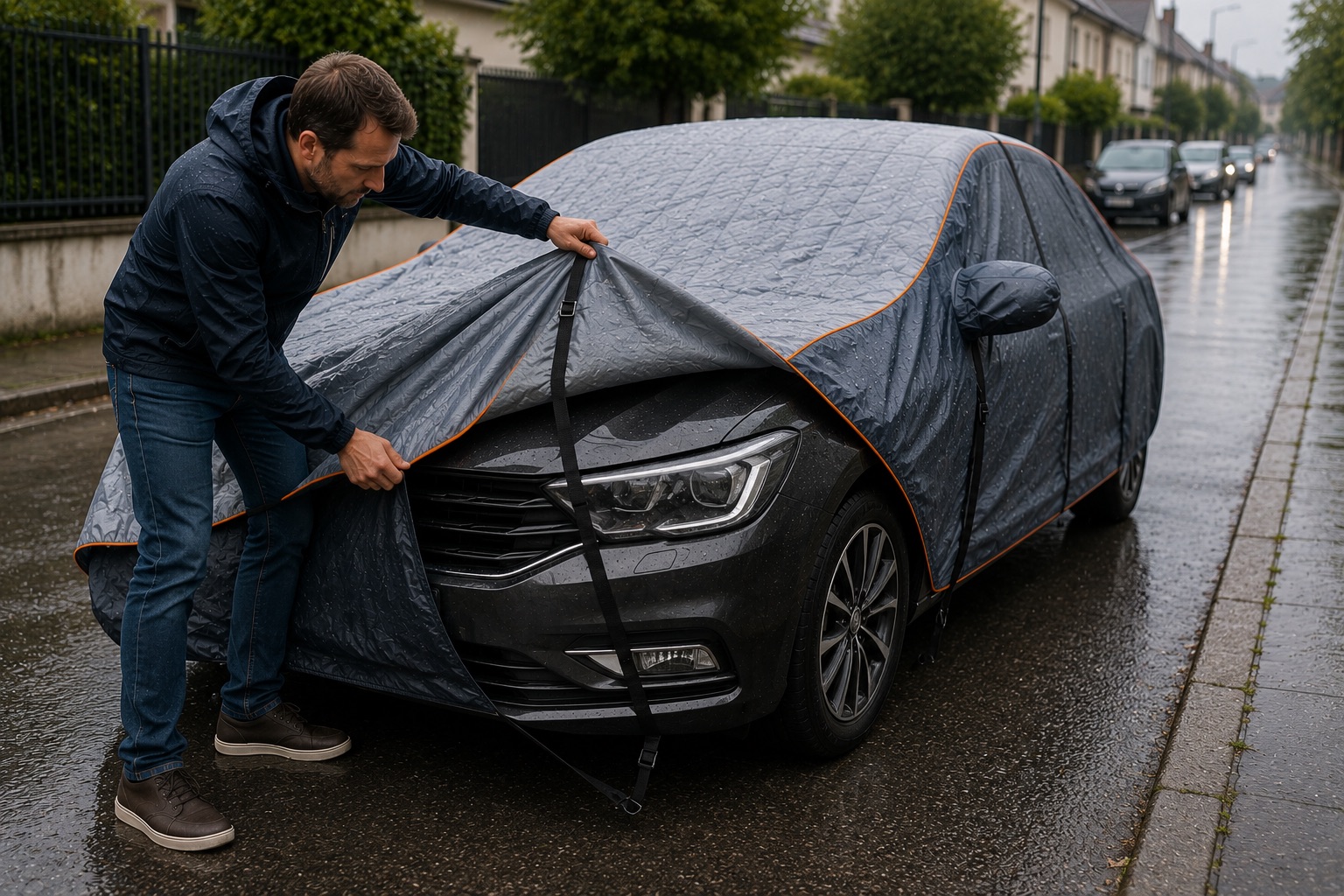 Pose d'une bâche anti-grêle sur une voiture
